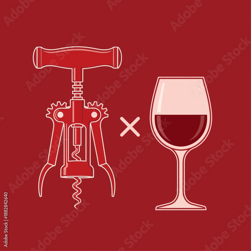 Elegant Wine Glass and Corkscrew Set Against a Rich Red Background Illustration