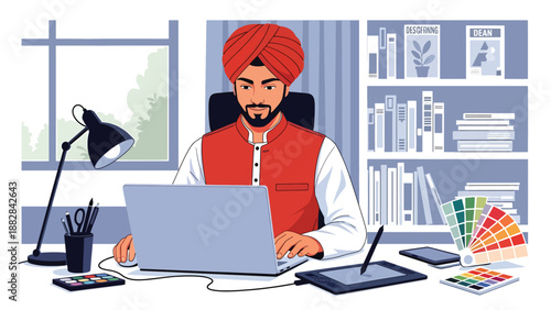 Vector illustration of an Indian man in traditional kurta working as a freelance professional, symbolizing flexible modern careers combined with cultural clothing style