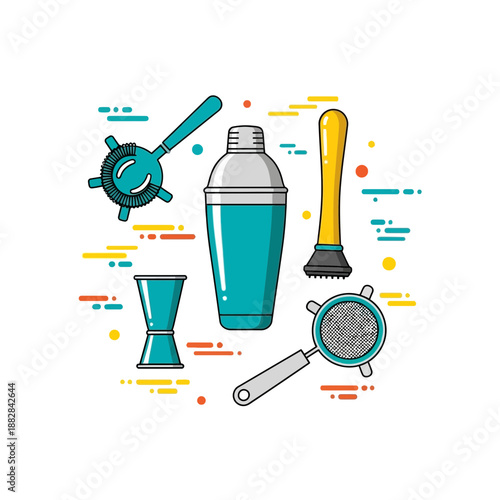 Essential Bar Tools Arranged With Modern Style Depicting Beverage Preparation Equipment for Mixology