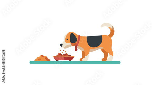 A small dog consumes dry food from a red bowl with additional kibble beside it, a perfect vector graphic depicting pet mealtime and canine nutrition.