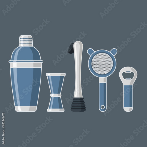 Essential Bar Tools Collection Displayed With Modern Flat Design And Vibrant Color Palette