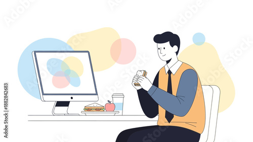 Employee Enjoying Lunch Break At Work And Checking Computer At His Desk