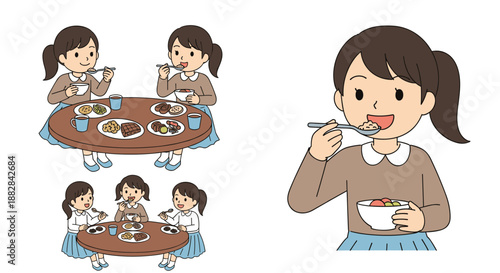 Group of young school girls happily eating a variety of food together at a round wooden table in several different scenes.