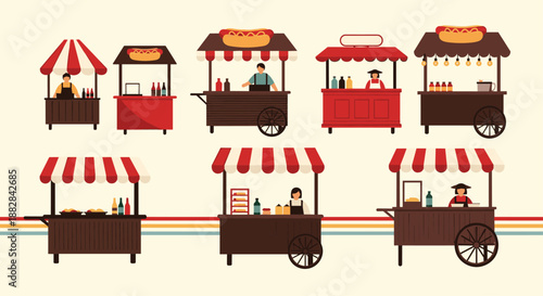 Collection of seven different street food carts and stalls with vendors selling various snacks, hot dogs, and burgers.