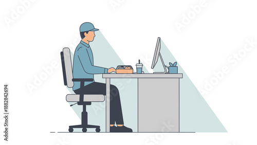 Employee Working At Desk With Food And Drink Enjoying Lunch Break At Office Work