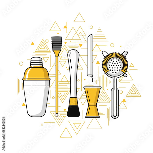 Essential Bar Tools and Drink Mixing Equipment Set with Modern Geometric Background Design