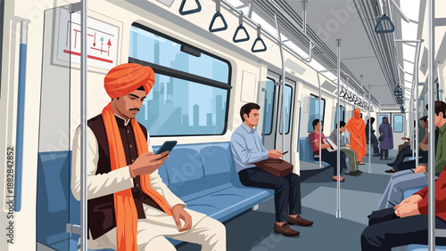 Vector illustration of an Indian man wearing a kurta commuting on metro train public transport, illustrating daily urban mobility and modern lifestyle with traditional attire