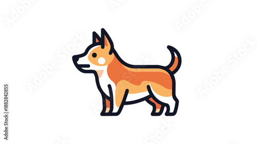 Minimalist illustration of a small domestic dog with warm orange and white fur colors