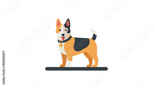 Charming cartoon dog illustration with a playful expression and colorful coat standing on a simple base