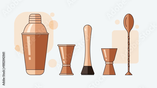 Essential Bar Tools Illustrated: A Stylish Flat Design Composition for Mixology Enthusiasts