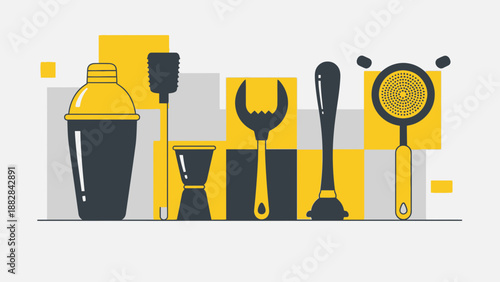Essential Bar Tools Illustrated: A Stylish Vector Depiction for Drink Preparation