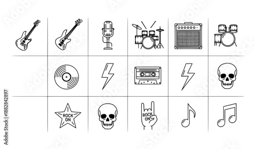 Rock n roll line icons vector set with editable stroke for music branding and app design