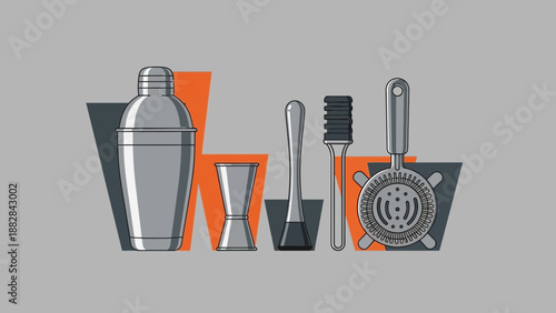 Essential Bar Tools Illustrated in Modern Design Ready For Beverage Preparation and Serving