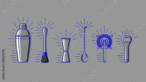Essential Bar Tools Illustrated in Modern Design For Drinks And Mixology Preparation