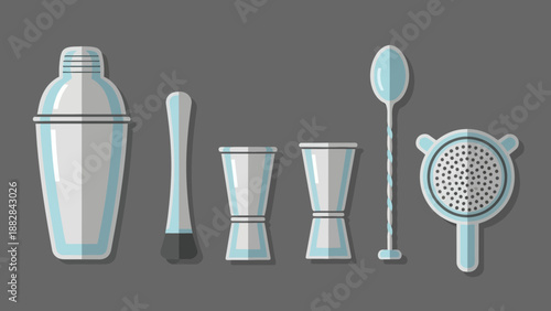Essential Bar Tools Illustrated in Flat Design, Perfect for Cocktail Recipes and Bar Concepts