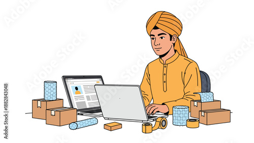 Vector illustration of an Indian man in traditional clothing managing an online business from home, symbolizing entrepreneurship and digital modern lifestyle
