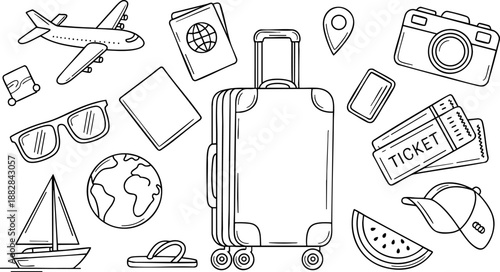 Travel and Vacation Icon Set – Suitcase, Plane, Passport, Camera, and Adventure Elements EPS Pack