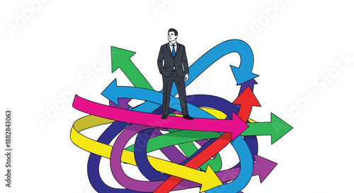 Businessman navigating chaotic arrows to find strategic direction