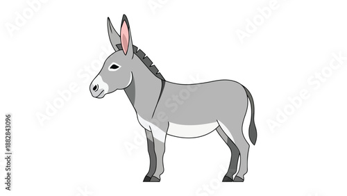 Charming gray donkey cartoon illustration standing on pristine white background showcasing its distinct features and gentle expression, perfect for