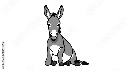 This captivating gray cartoon donkey illustration depicts a charming farm animal sitting serenely, exuding a friendly and approachable demeanor