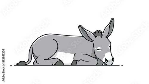 A serene gray donkey peacefully resting on the ground, portrayed in a clean, minimalist line art illustration, exuding calm slumber and tranquil