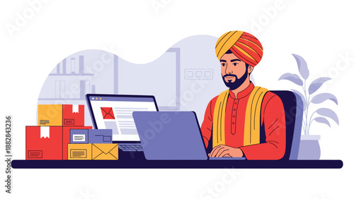 Vector illustration of an Indian man in traditional clothing managing an online business from home, symbolizing entrepreneurship and digital modern lifestyle