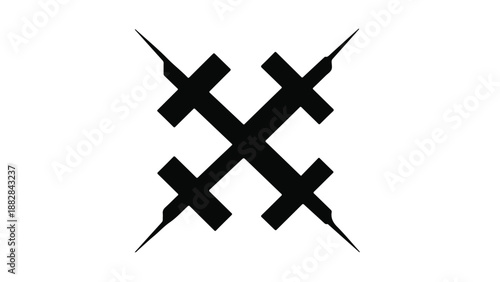 Abstract black cross symbol with pointed ends on a white background