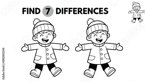 a playful illustration presents two similar figures inviting viewers to discover seven subtle differences visually