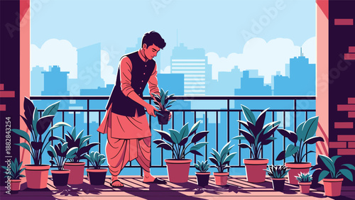 Vector illustration of an Indian man in traditional clothing gardening on a balcony, representing sustainable urban living and harmony with nature in modern lifestyle