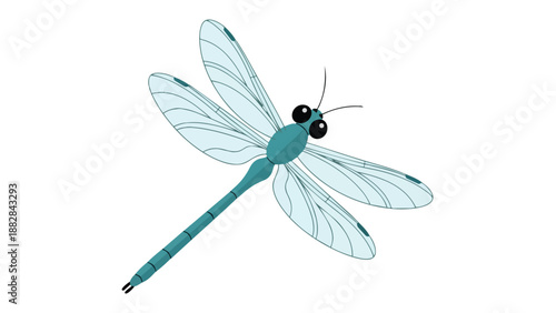Digital illustration of vibrant blue-green dragonfly, delicate translucent wings, segmented body, gracefully poised against a pristine white