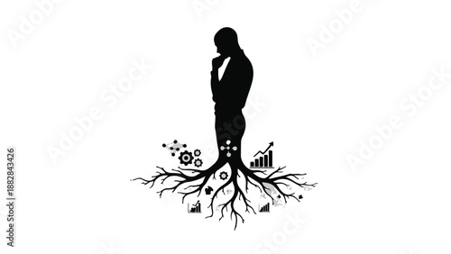 Silhouette of a thoughtful person with roots of business growth and ideas emerging from their base.