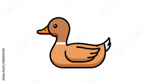 A delightful simplified graphic illustration of a brown domestic duck with an orange beak and a white neck band, displayed in profile for cheerful