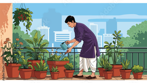 Vector illustration of an Indian man in traditional clothing gardening on a balcony, representing sustainable urban living and harmony with nature in modern lifestyle
