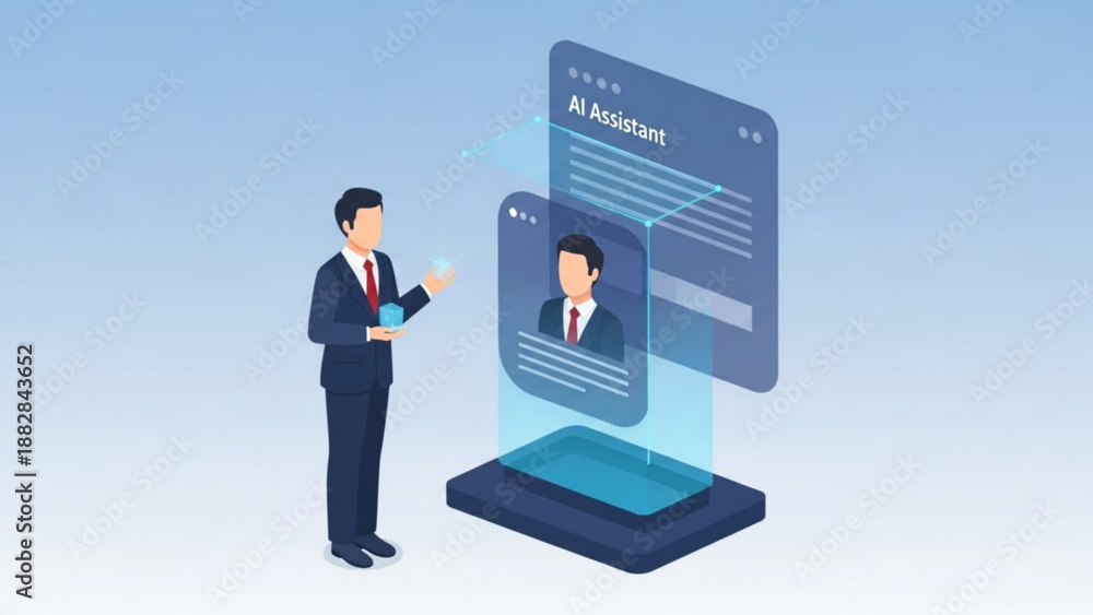 Fototapeta premium A businessman interacts with a futuristic AI assistant on a smartphone screen