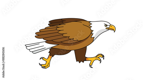 Dynamic cartoon bald eagle illustration depicted in a striding pose showcasing its powerful talons and determined expression with vibrant plumage