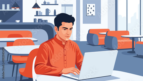 Vector illustration of an Indian man in traditional attire working in a co-working space cafe, symbolizing professional collaboration and modern lifestyle with cultural diversity