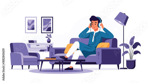 Vector illustration of an Indian man in traditional attire relaxing with headphones, enjoying music as part of a modern leisure lifestyle with cultural fashion