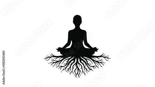 Silhouette of a person meditating with roots growing from their base, symbolizing grounding and inner peace.