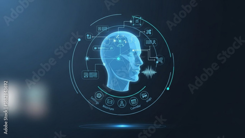 A futuristic blue human head with digital circuits and icons surrounding it