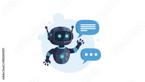 A cute robot character with speech bubbles in a modern design style