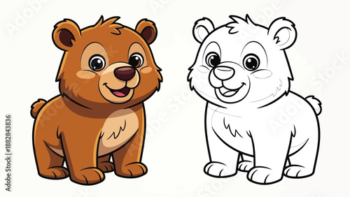 a charming illustration showcases two adorable bear cubs one colored and one in black and white outline style