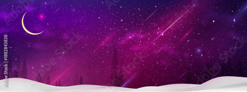 Islamic night,Crescent moon,Starry on dark blue,purple sky over snowy forest winter landscape for Ramadan Kareem,Eid al fitr greeting card,Eid Mubarak greetings,Vector Islamic holy month event banner