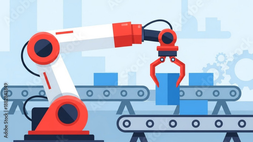 A robotic arm picks up a box on a factory conveyor belt