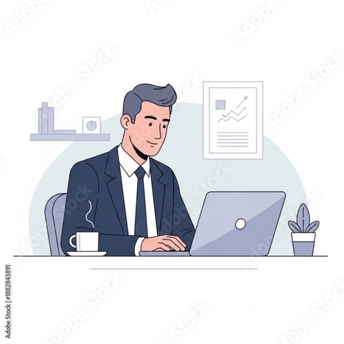 A businessman working on his laptop in a modern office setting