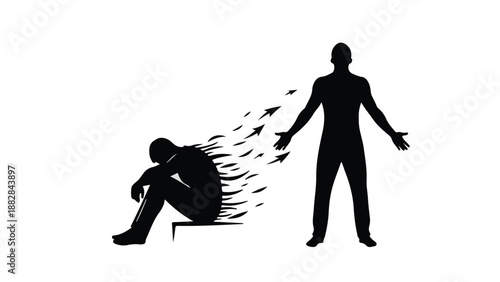 Silhouette of a person fading away, reaching out for help from another standing figure.