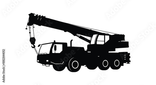 a detailed black silhouette depicts a large construction crane with a long arm showcasing industrial equipment and heavy machinery silhouette