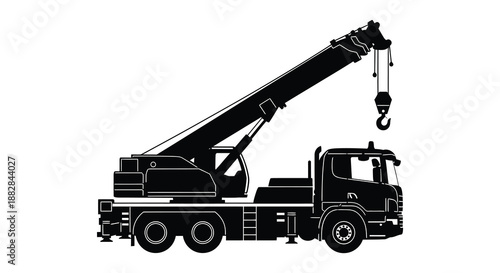 a detailed illustration depicts a heavy construction crane with a hook presented in a striking black and white silhouette style