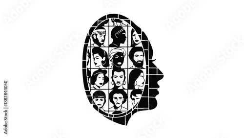 Diverse faces forming a mosaic within a human head silhouette, representing unity and collective thought.