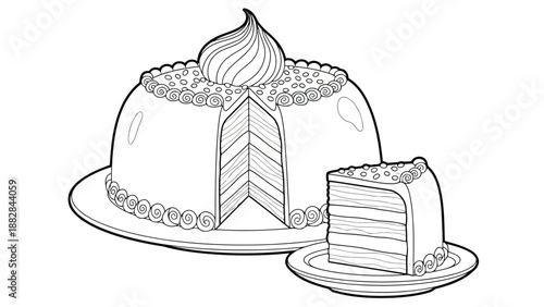 a detailed black and white drawing illustrates a tiered cake with a swirl of frosting and a removed