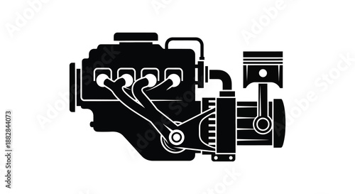 a detailed black and white illustration depicts an engine design with pistons valves and connecting rods rendered as a striking silhouette
